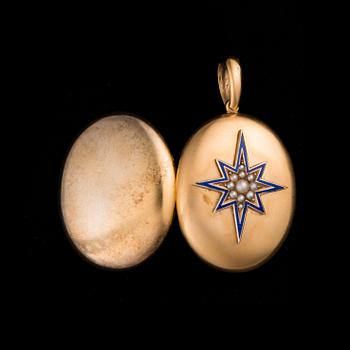 MEDALJONG, guld, pärlor, emalj. Troligtvis England 1800-tal. Intyg Tarkiainen. Vikt ca. 18 g.