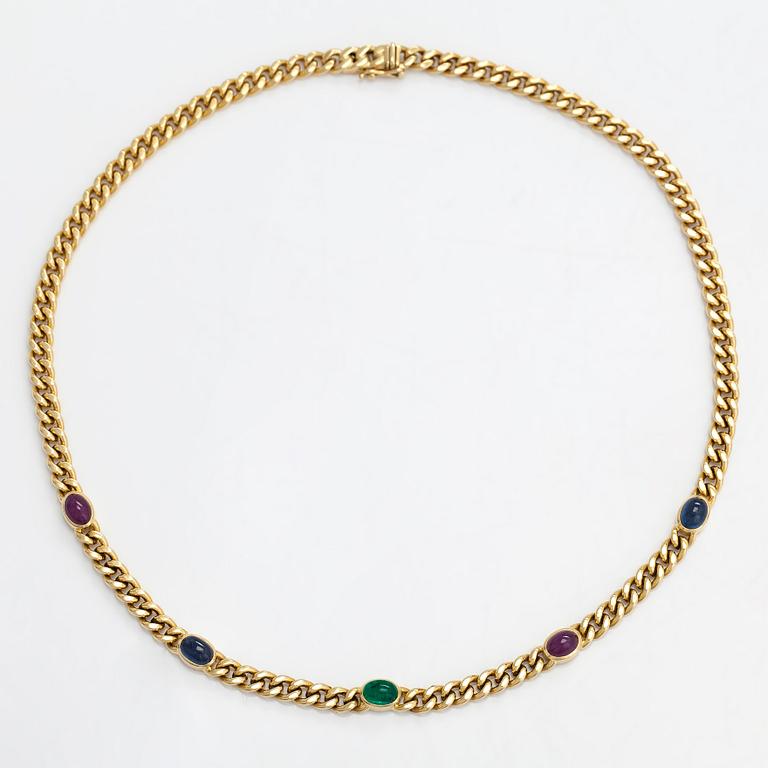 Halsband, pansarlänk, 18K guld med cabochonslipade rubiner, safirer och smaragd.