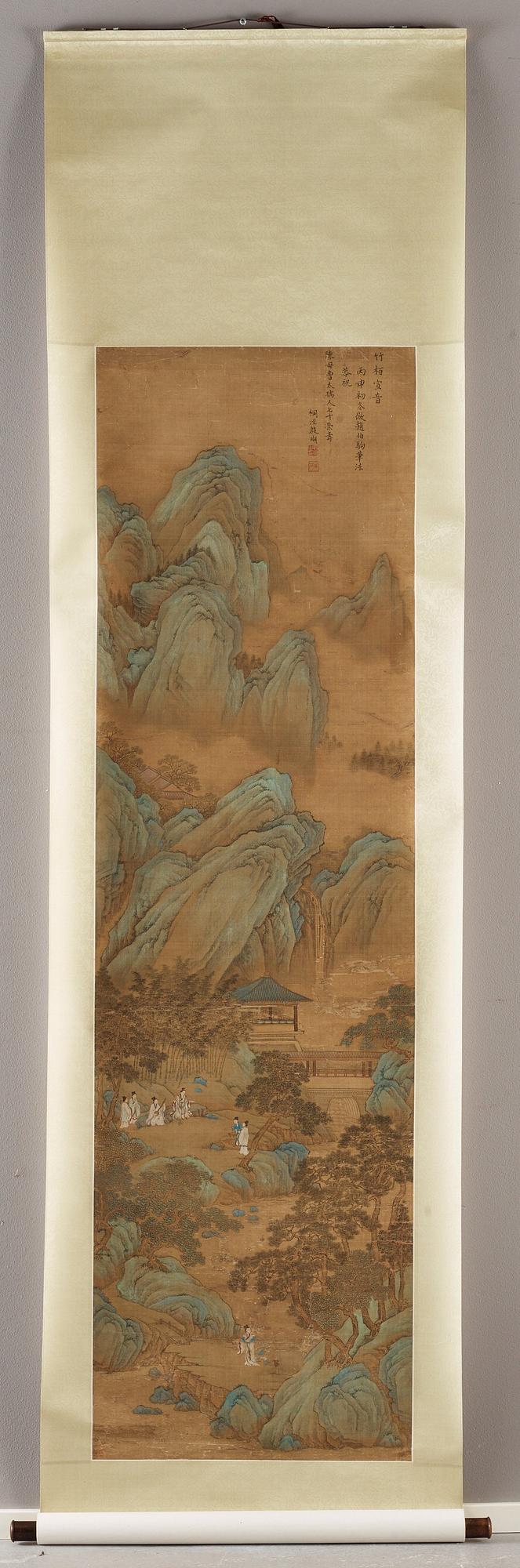 RULLMÅLNING med KALLIGRAFI. Troligen av kvinnlig konstnär (Yinhu från Tongjin), Qingdynastin (1644-1912).