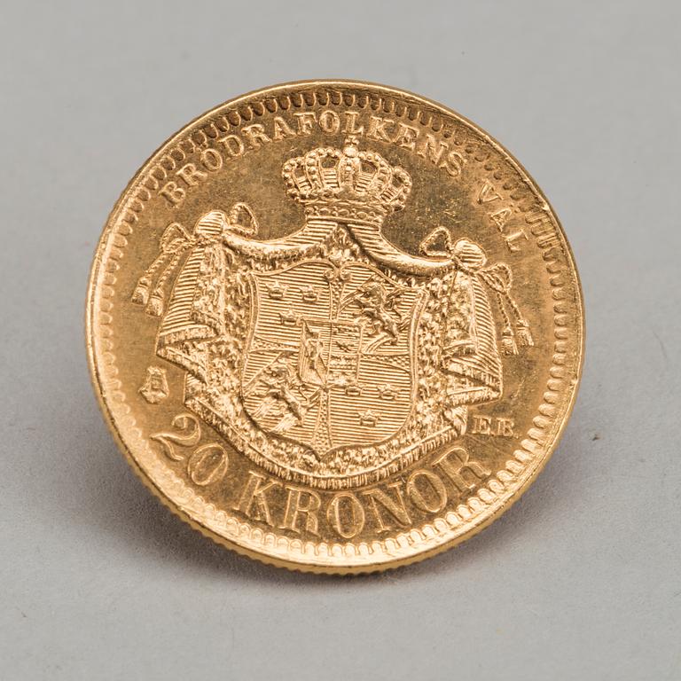 GOLD COIN, 20 kr Sweden, Oscar II 1884. Ca 9 gram.