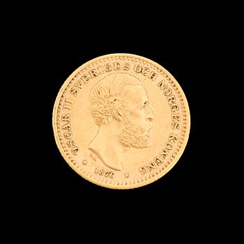 MYNT, guld, 10 kr, Oscar II, 1876. Vikt ca 4 gram.