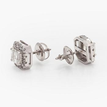 Earrings, emerald cut diamonds 0.70 ct / each and brilliant cut diamonds, 18K white gold.