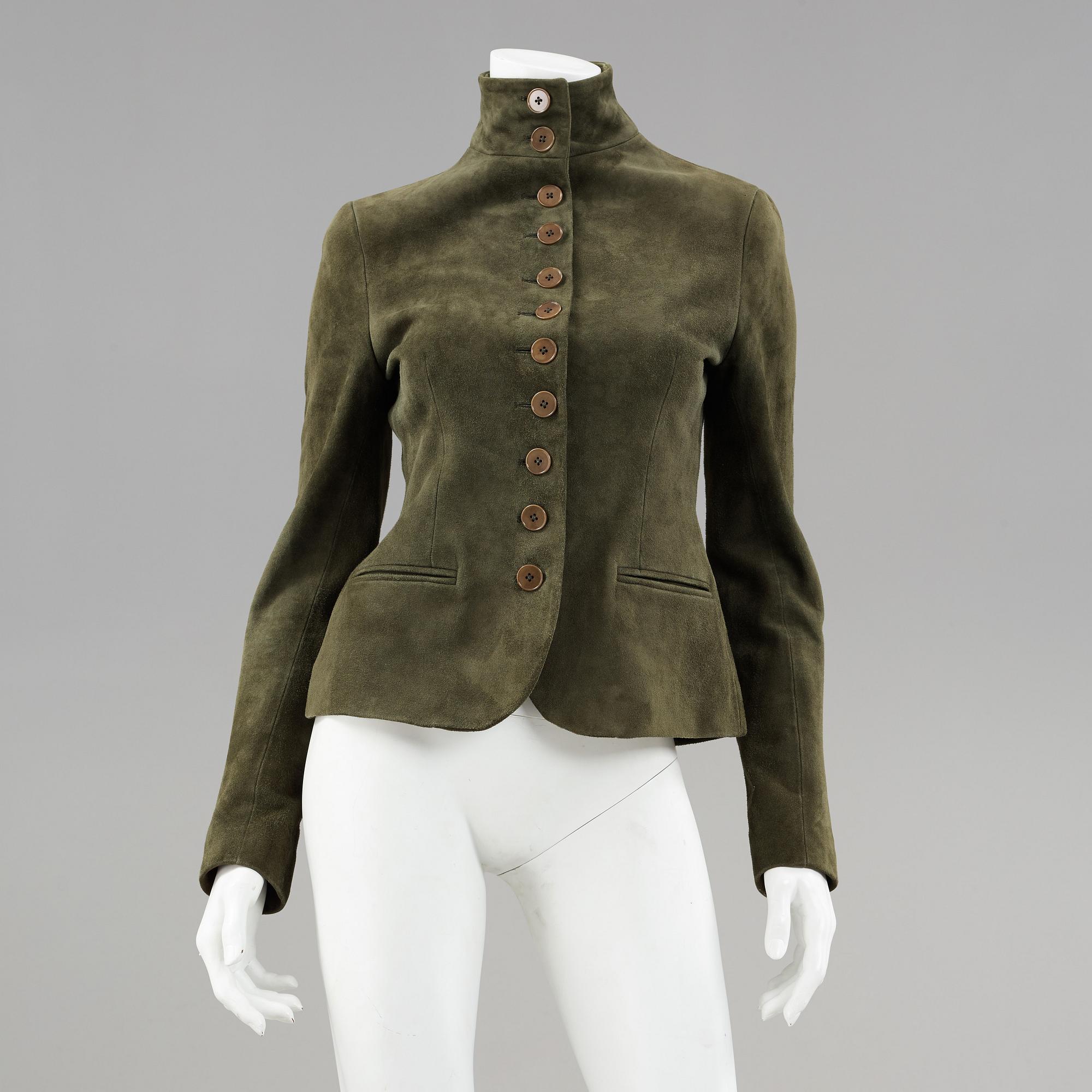 A dark green suede jacket by ralph lauren.