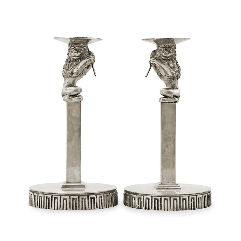 A pair of Anna Petrus pewter and brass candlesticks, Herman Bergman Konstgjuteri Stockholm ca 1923-25.