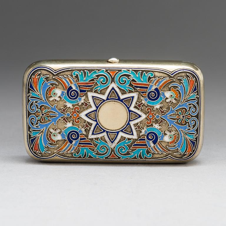 A cloisonné enamel and gilt silver cigarette case, maker's mark of Grigorii Andreev, Saint Petersburg, Russia 1885-1898.