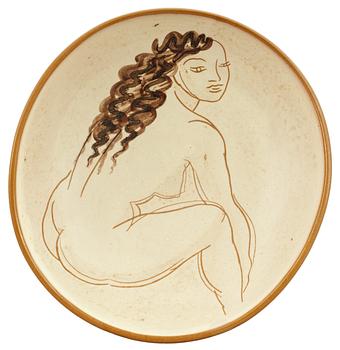 846. A Vicke Lindstrand earthenware dish by Upsala Ekeby, 1940's.