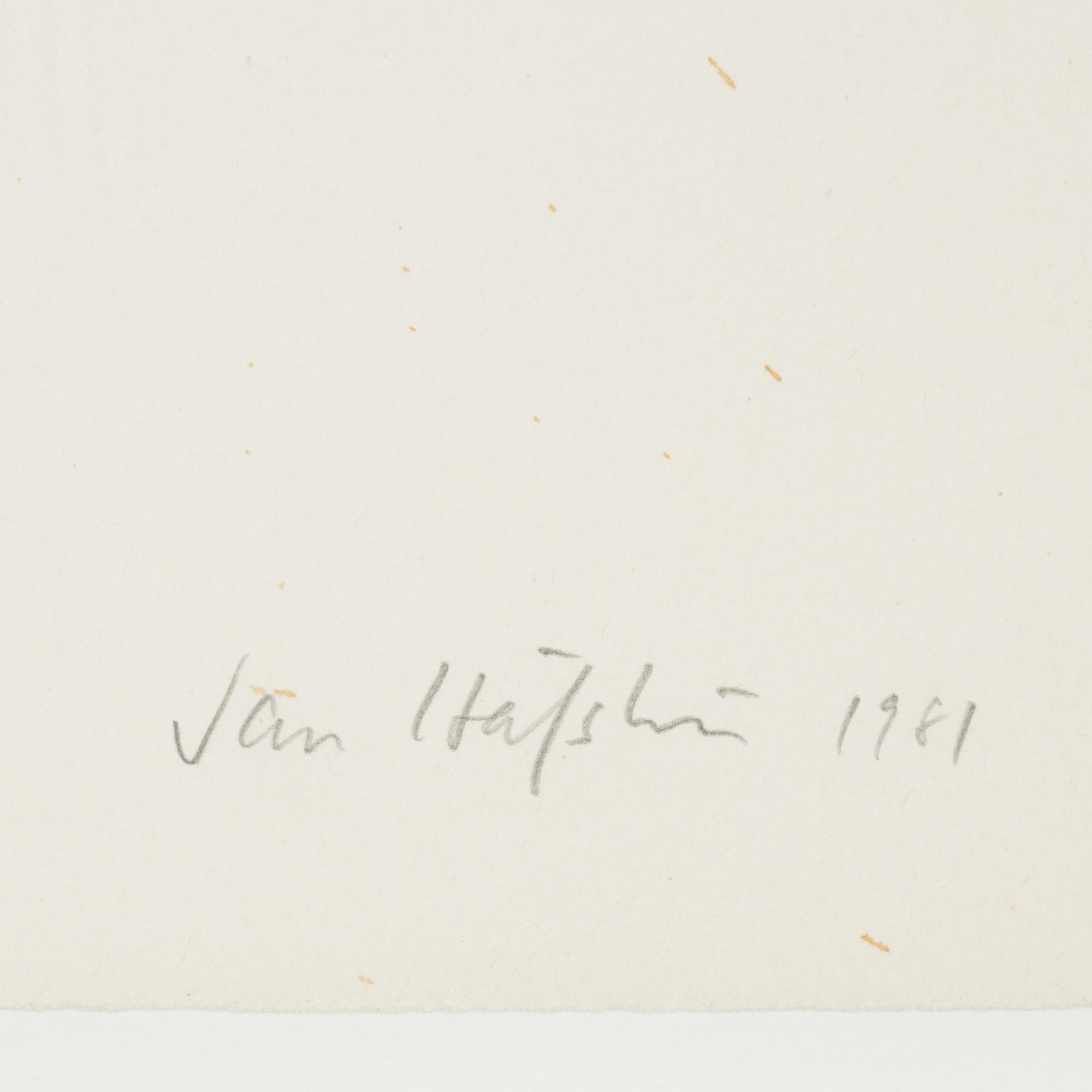 Jan Håfström, färglitografi med bemålad applikation, 1981, signerad  55/150.