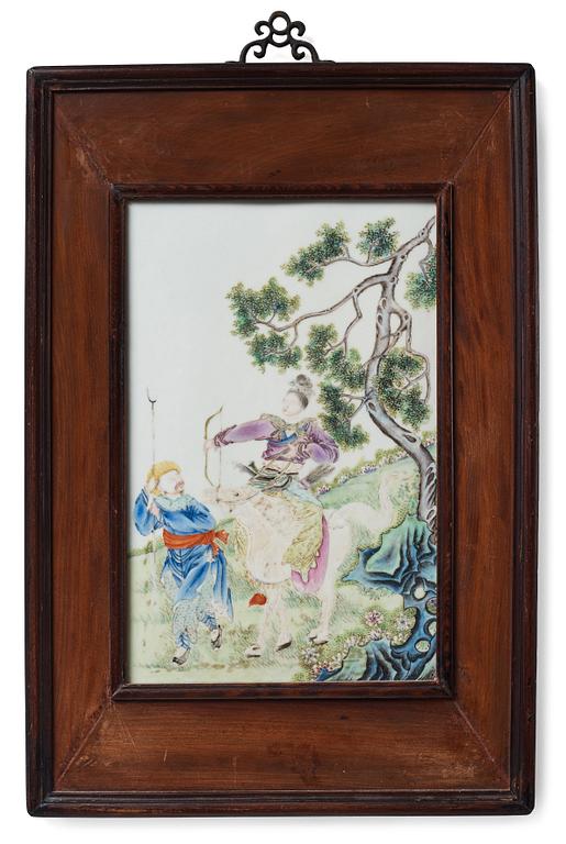 A famille rose plaque of a female warrior, Qing dynasty, 19th Century.