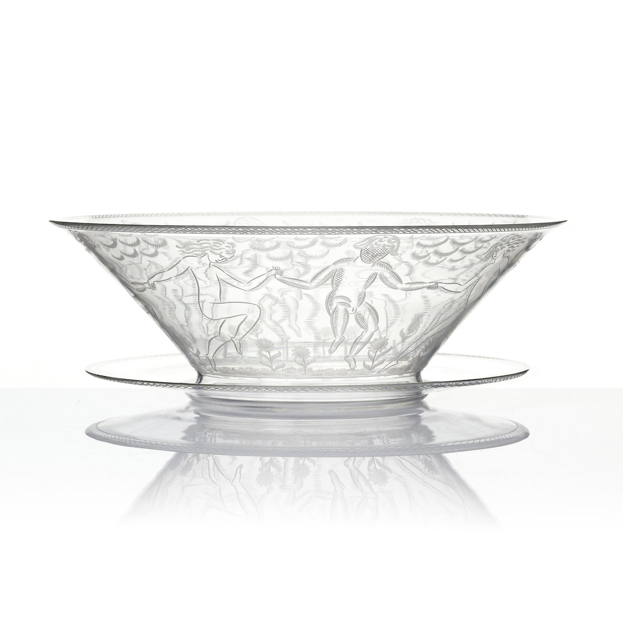 Edward Hald, an engraved glass bowl with plate, Orrefors, Sweden, 1926, model 305, engraved by Emil Goldmann.