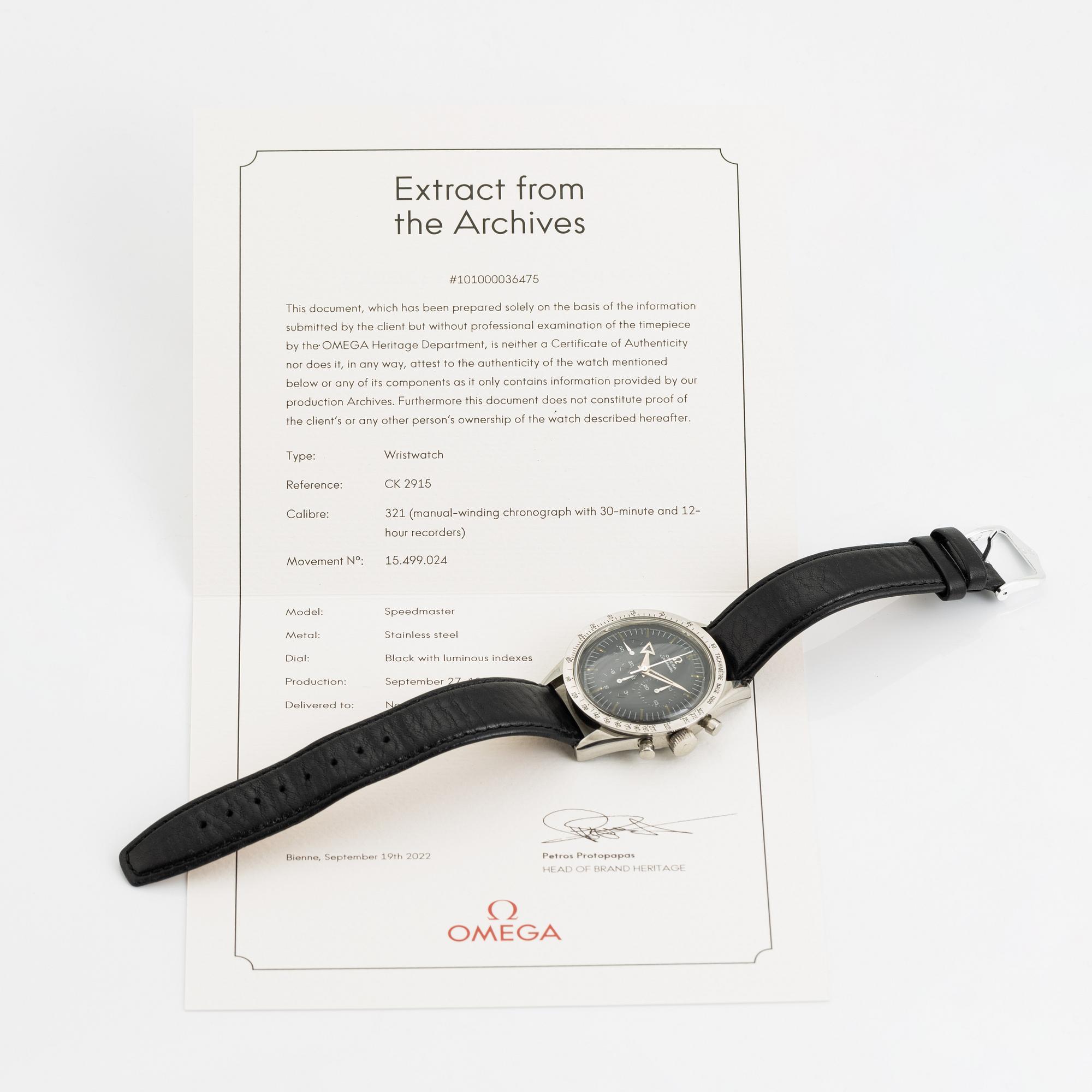 Omega, Speedmaster, chronograph, "2915-1", "Broad Arrow hands", ca 1957.