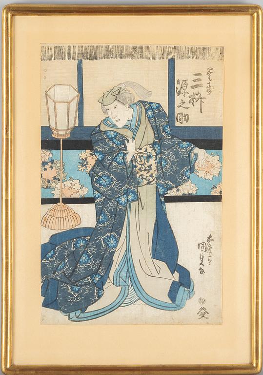 Utagawa Kuniteru I, träsnitt, 1853, samt Utagawa Kunisada (Toyokuni III), träsnitt, 1800-talets första hälft.