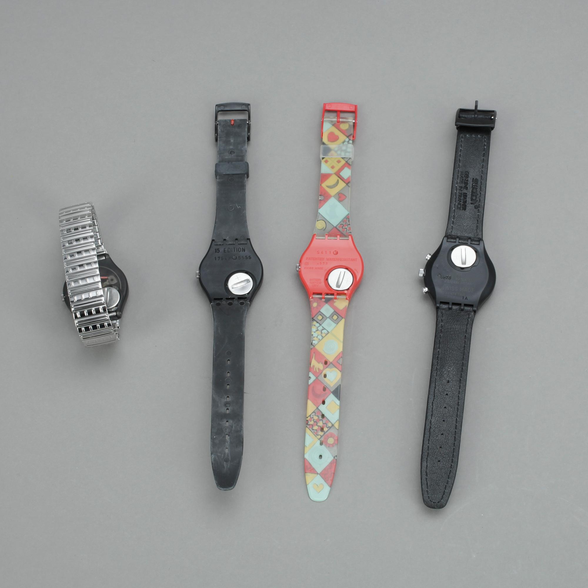 SWATCHKLOCKOR, 4st, "Wall Street", "Bark Bark", "360 Rouge Sur Blackout", "Silver Plate", plast, ca1991-1995.