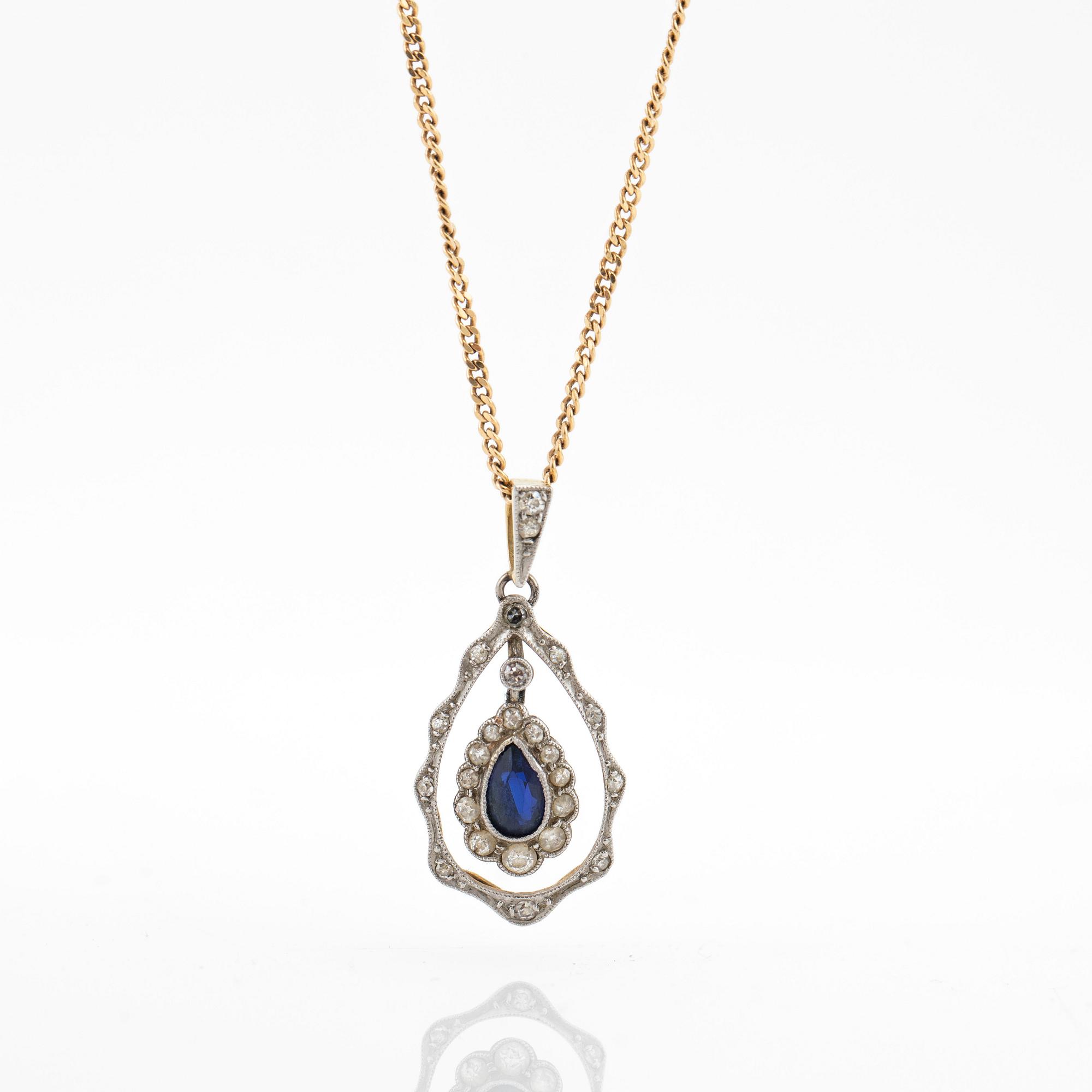 Necklace, 18K gold chain and pendant with brilliant-cut diamonds and synthetic sapphire.