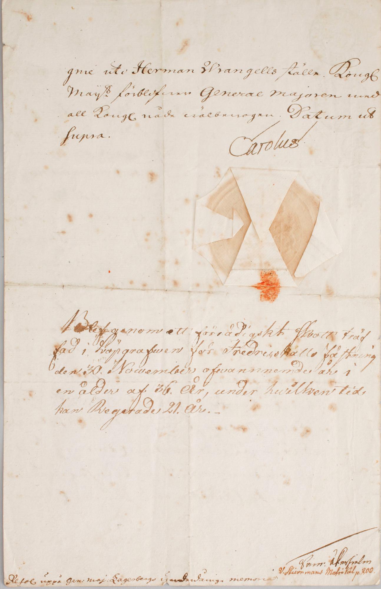 A letter from the swedish king Karl XII, signed Carolus and dated 1718.