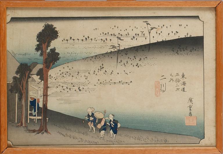 HIROSHIGE, efter, 3 st, träsnitt, Japan, 1800-tal.