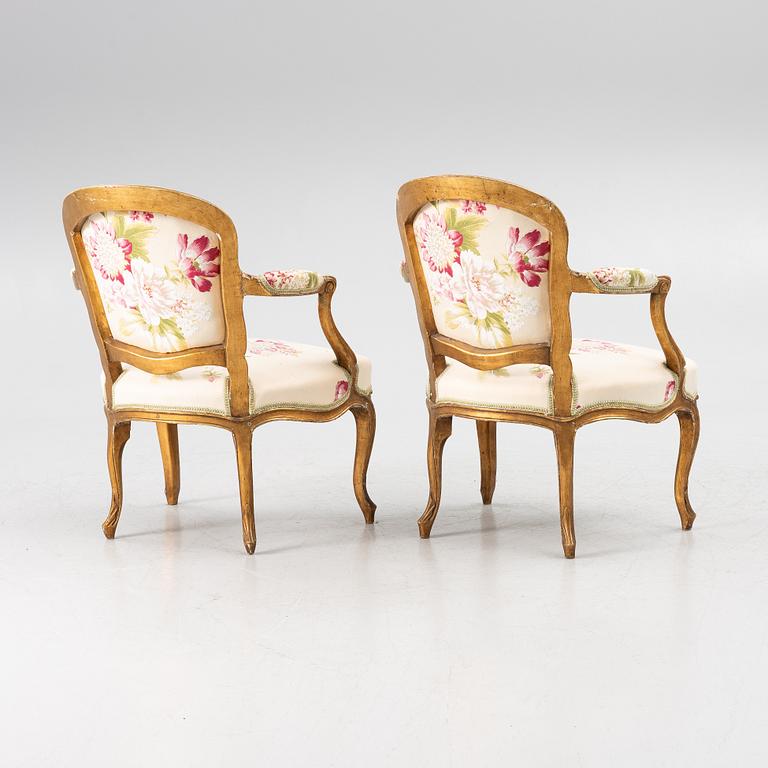 A pair of presumably French Louis XV armchairs, mid 18th century.