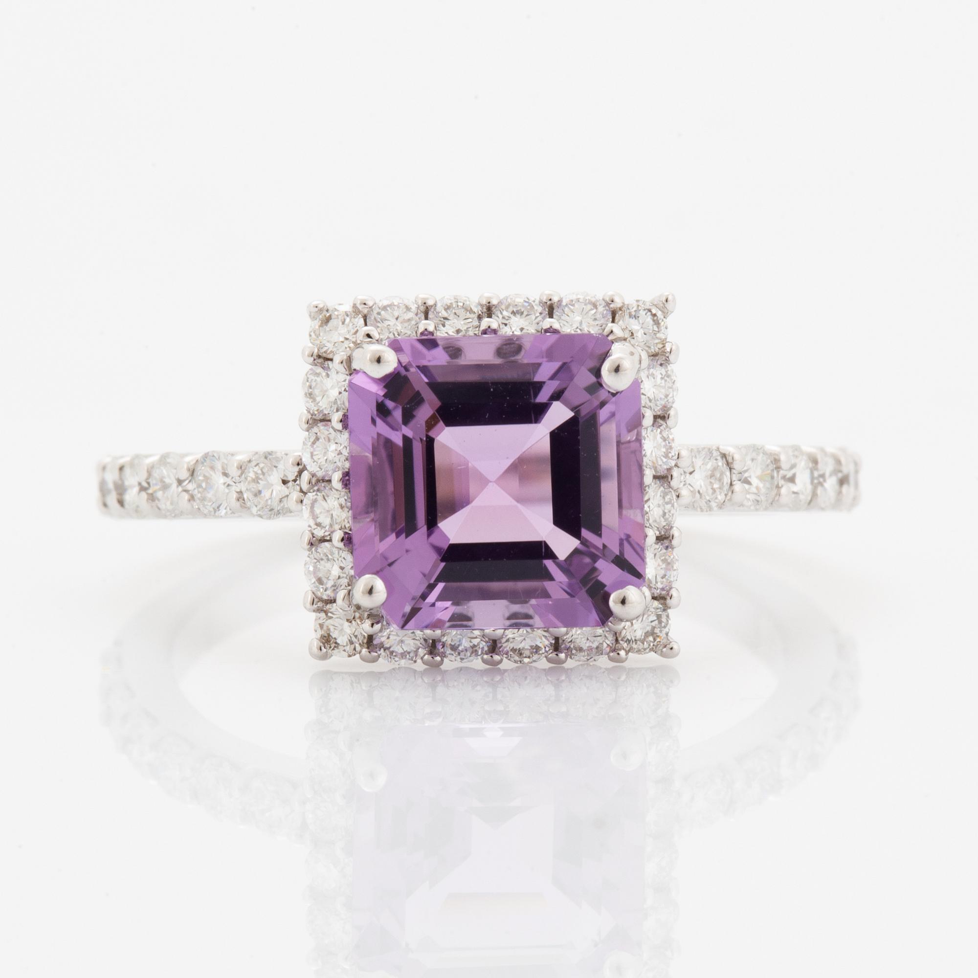 Amethyst and brilliant-cut diamond ring.