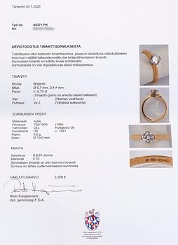 Sormus, briljanttihiottu timantti n. 0,70 ct, 18K kultaa, Kultajousi, Helsinki 1991.
