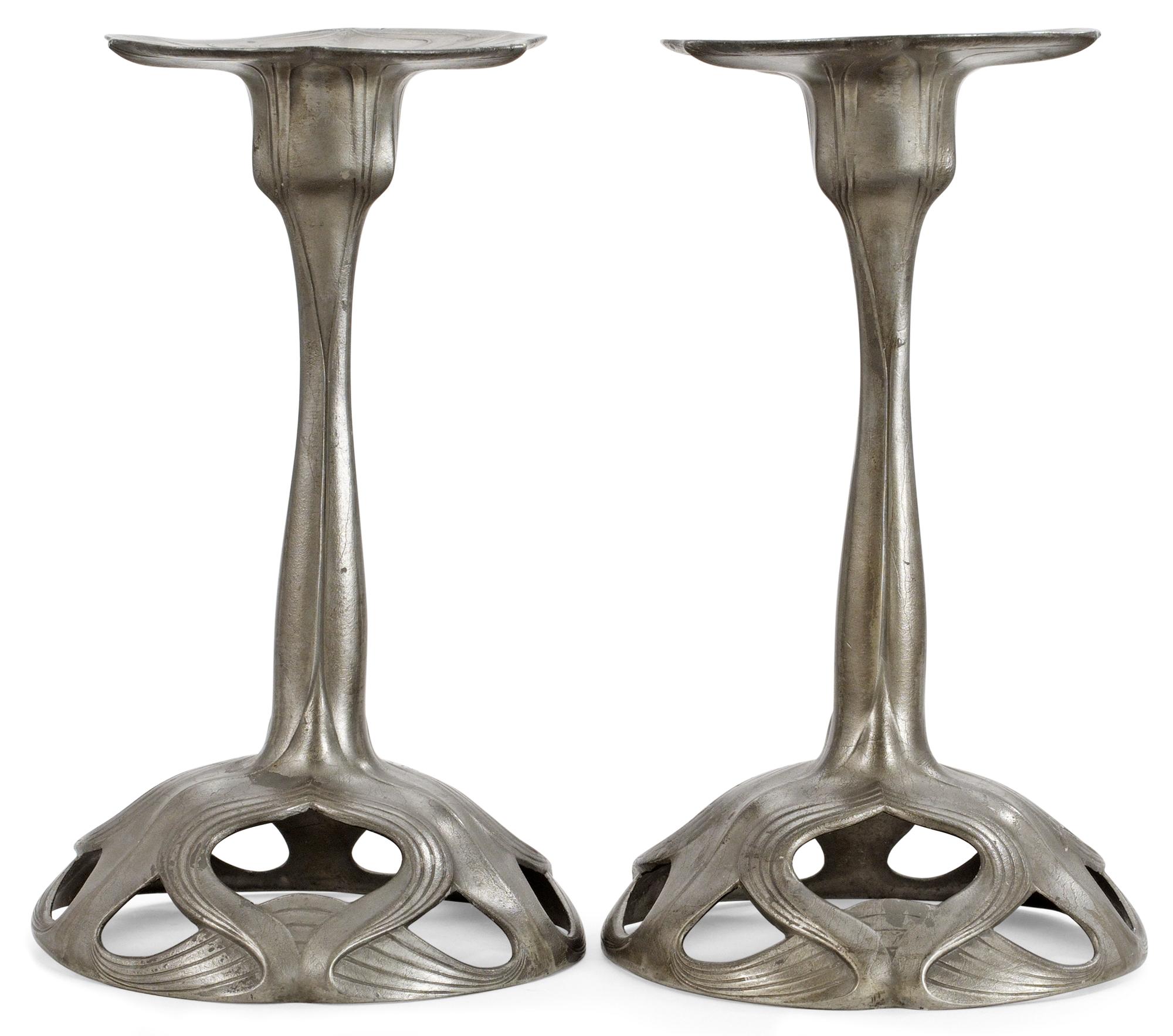 A pair of Orivit Art Nouveau pewter candlesticks, Germany ca 1900.