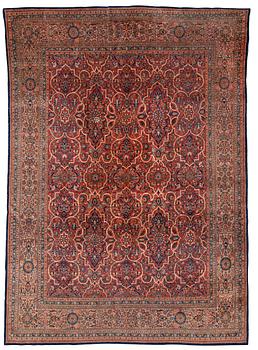 A CARPET, semi-antique Tabriz probably, 420 x 304 cm.