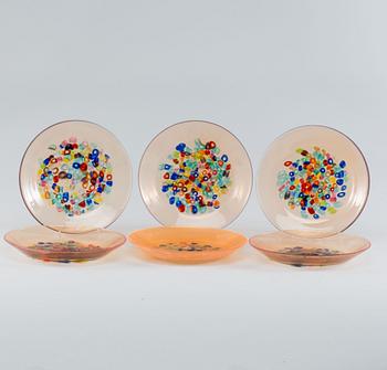 6 rare murrine plates 1965, Cendese, Murano glass.