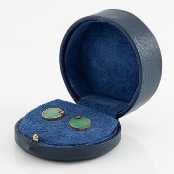 Sebastian Schildt, earrings, a pair, 18K gold with chrysoprase and colour-treated blue brilliant-cut diamonds.