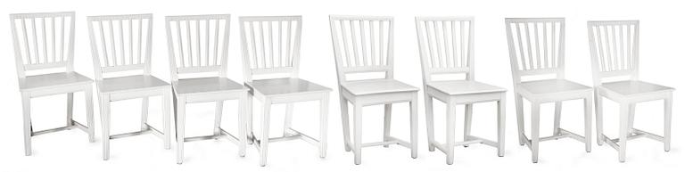 A SET OF EIGTH WHITE LACQUERED CHAIRS,