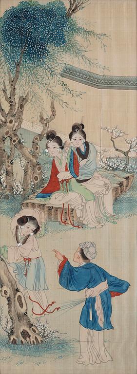 A group of seven Chinese paintings on silk by anonymous artist, Qing dynasty, 19th century.