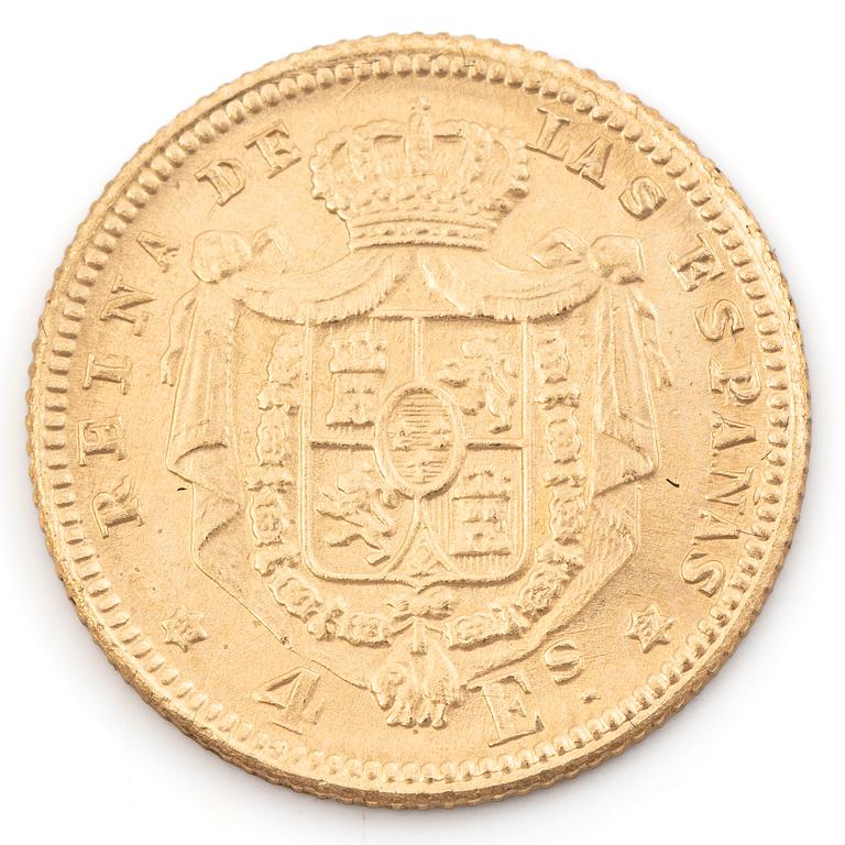 Gold coin, Spain, Isabella II, 4 Escudos, 1867.