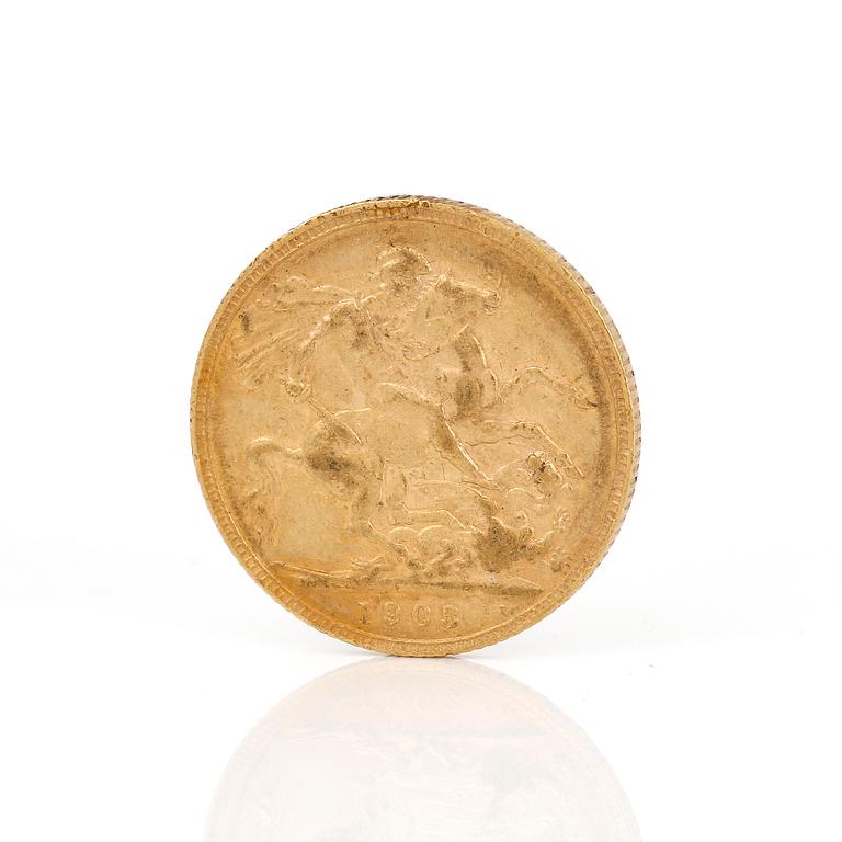 GULDMYNT, sovereign, Edward VII, Storbrittannien 1903. Vikt ca 8 g.