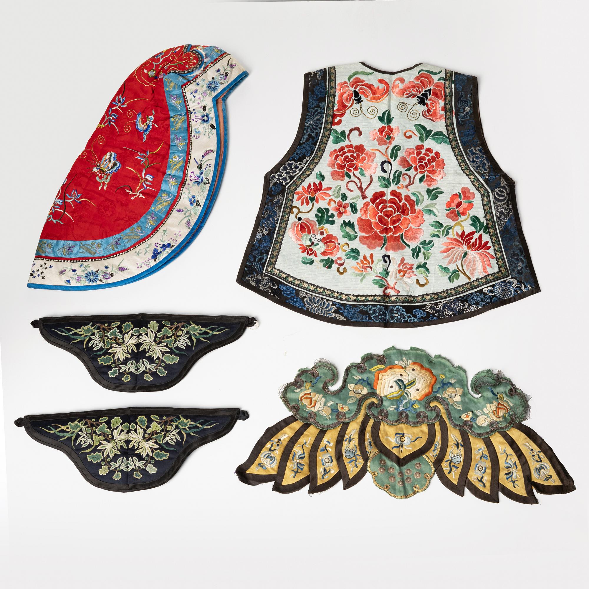 A group of five embroidered silk items, late Qing dynasty, early 20th century.