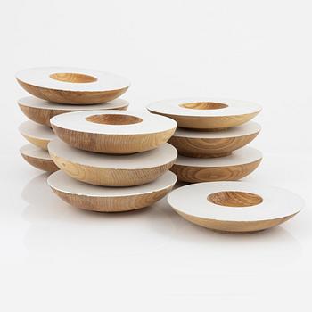 Magnus Ek, a set of eleven ash wood appetizer bowls for Oaxen Krog, 2021.