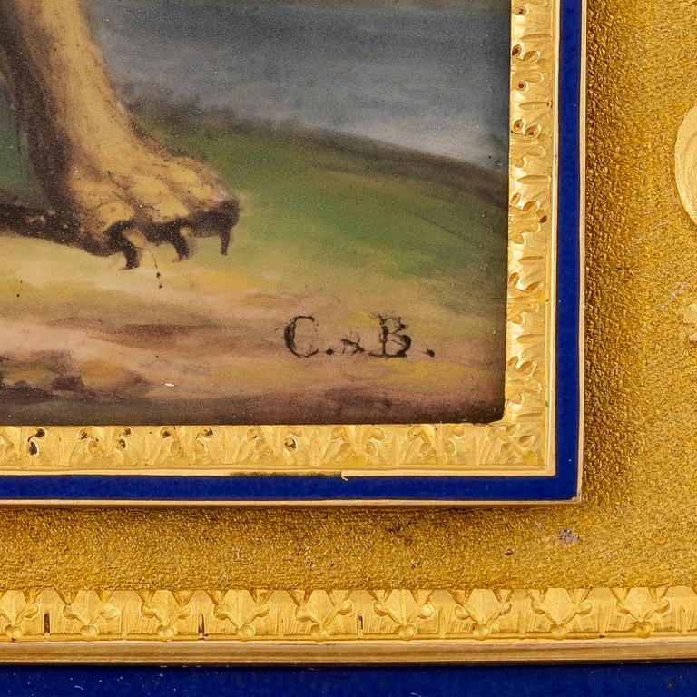 A probably Swiss 19th century two colour gold snuff box with enamel, unidentified maker's mark.
