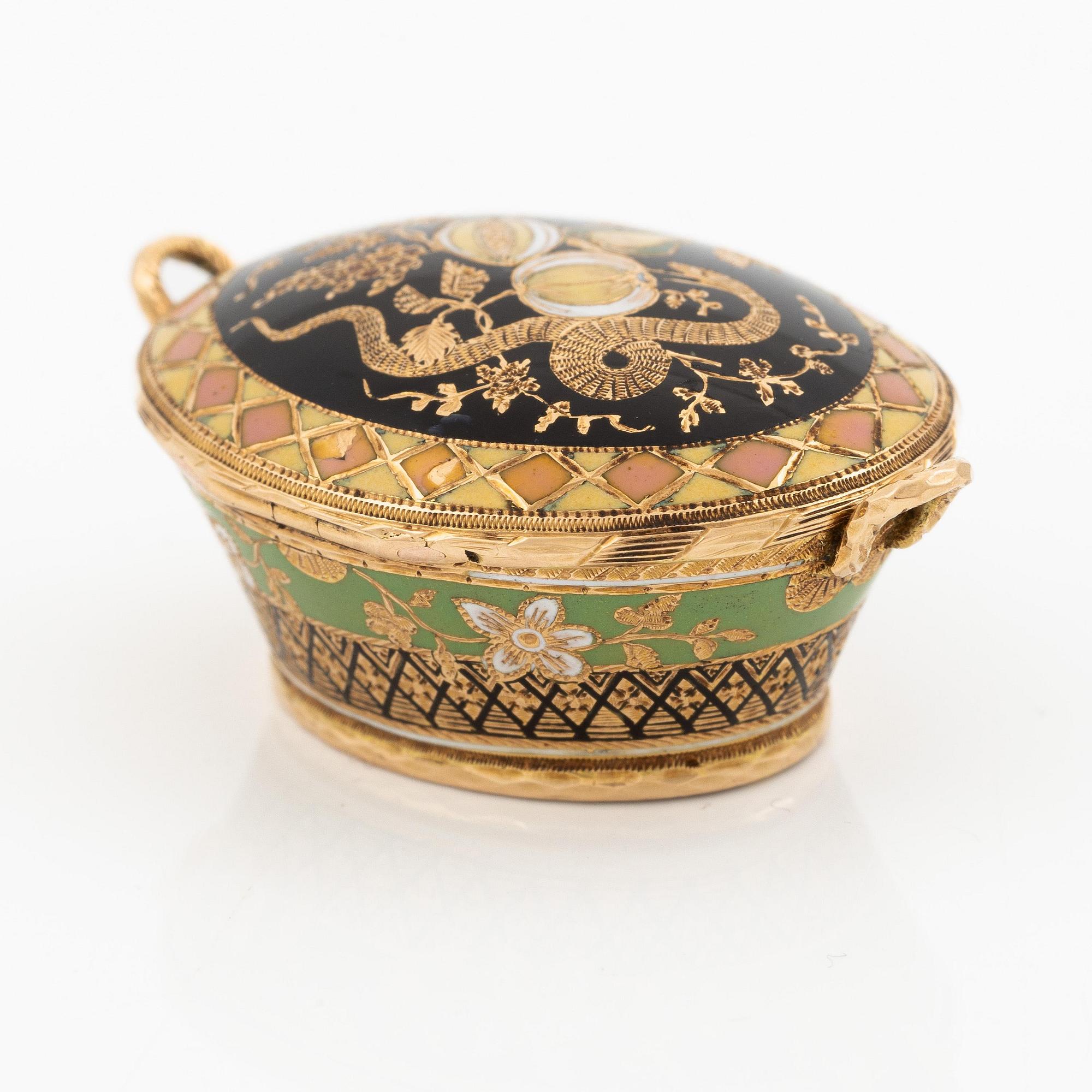 Fickur i form av korg, guld och emalj, Genève, Schweiz, tidigt 1800-tal.