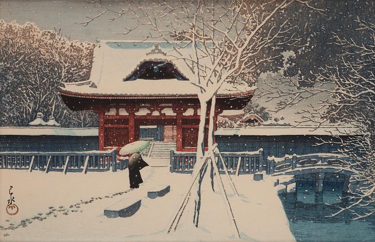 Kawase Bunjiro Hasui, Kawase Bunjiro Hasui, färgträsnitt, Snow at Shiba Park, Tokyo (Shiba kôen no yuki).