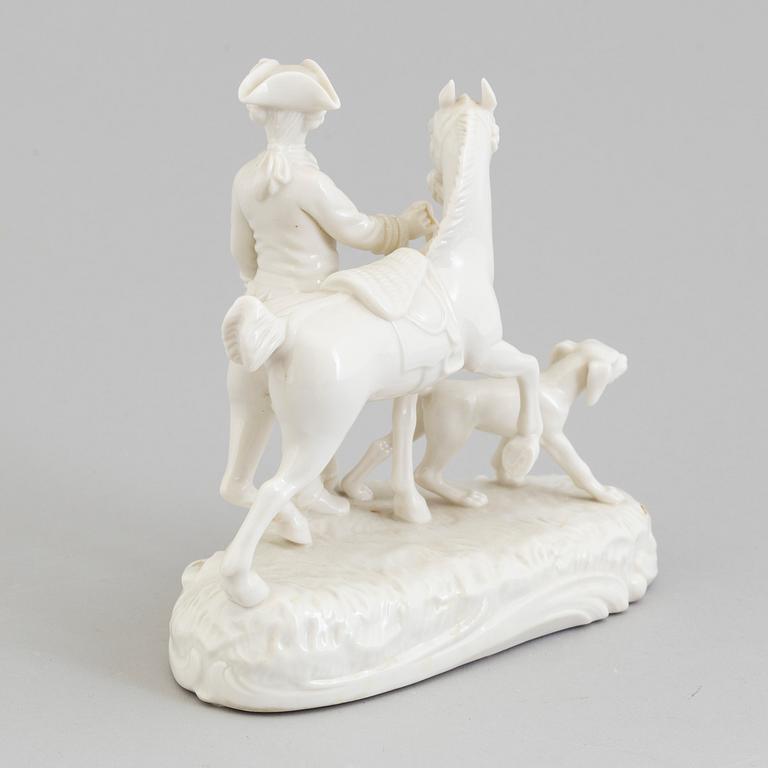 A white glazed figure of a horse with a groom from the 'Kleine Gelbe Frankentahler Jakt', Nymphenburg, Germany, 1960's.