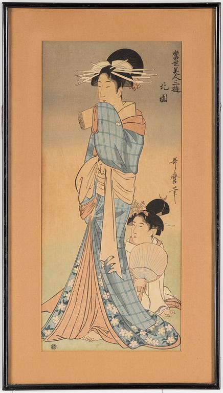 UTAMARO KITAGAWA (c.1753-1806), färgträsnitt, tre stycken. Japan.