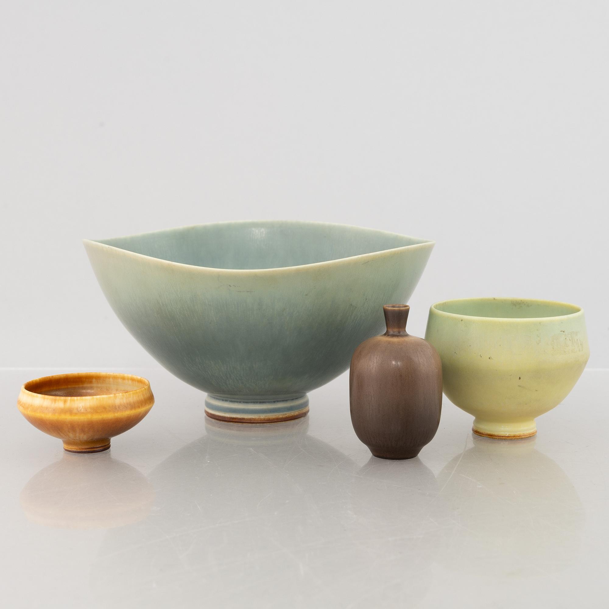 Berndt Friberg, a group of three stoneware bowls and a vase, Gustavsberg Studio.