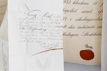 SAMLING MILITÄRA DOKUMENT, 6 st. Bla med Carl XV signatur, Carl XIV Johans signatur och 3 med Gustaf V signatur.