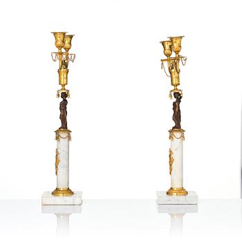 A pair of late Gustavian two-branch candelabra in the manner of F. L. Rung, Stockholm, circa 1800.