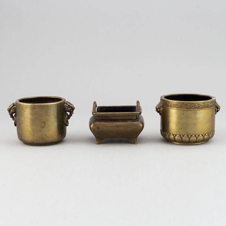 Three patinated bronze censers, China, 20th Century.