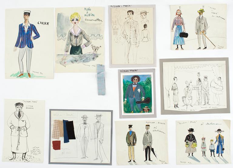 MAX GOLDSTEIN, kostymteckningar, "Flickan i frack", cirka 15 st, varav vissa sign o dat 1956.