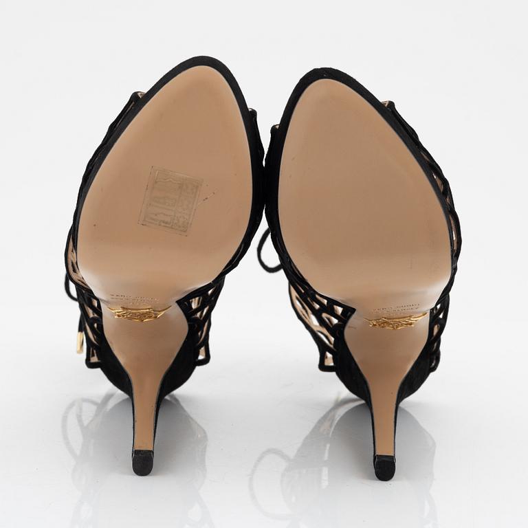 Charlotte Olympia, a pair of black suede spiderweb sandals. Size 36 1/2.