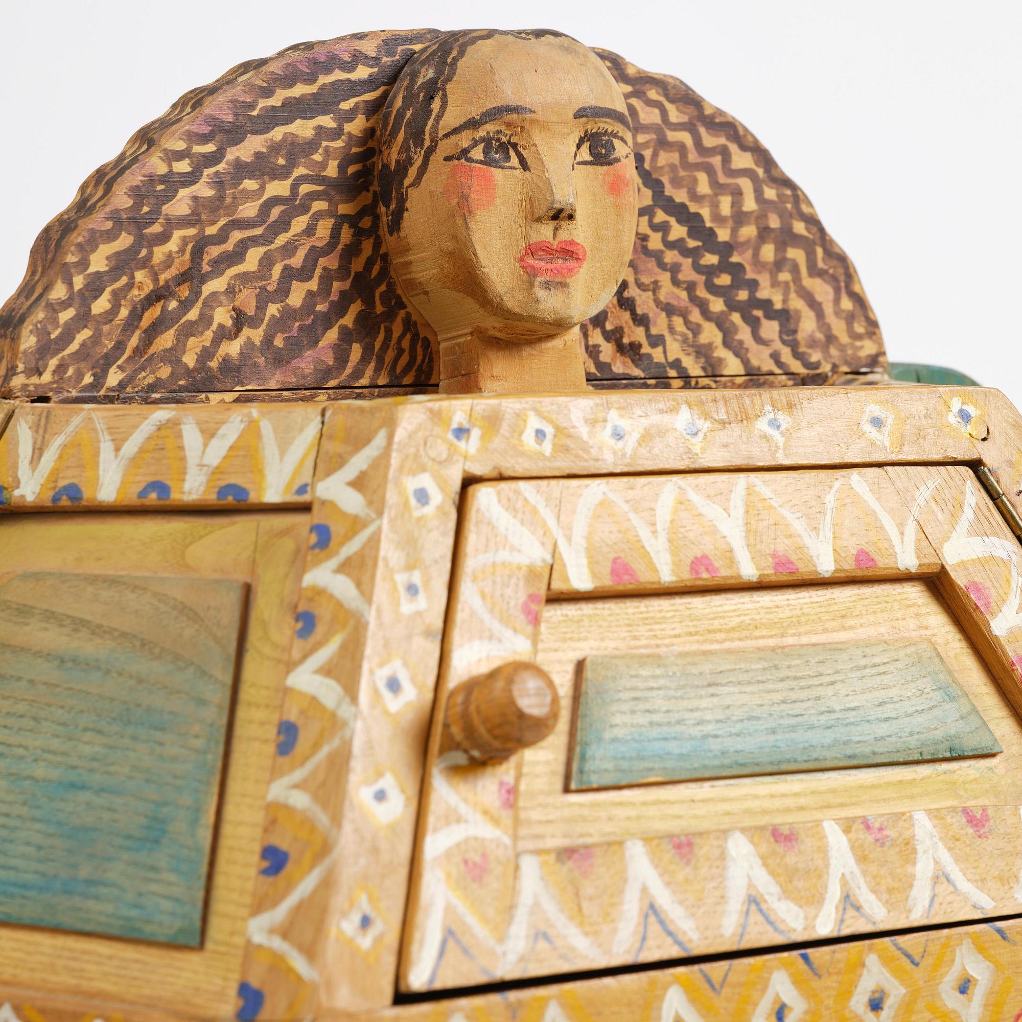 Gérard Rigot, a painted and carved oak cabinet, exectued in his studio, France, second half of the 20th century.