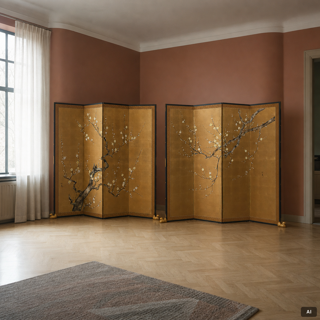 A pair of Japanese folding screens, signed, 20th century.