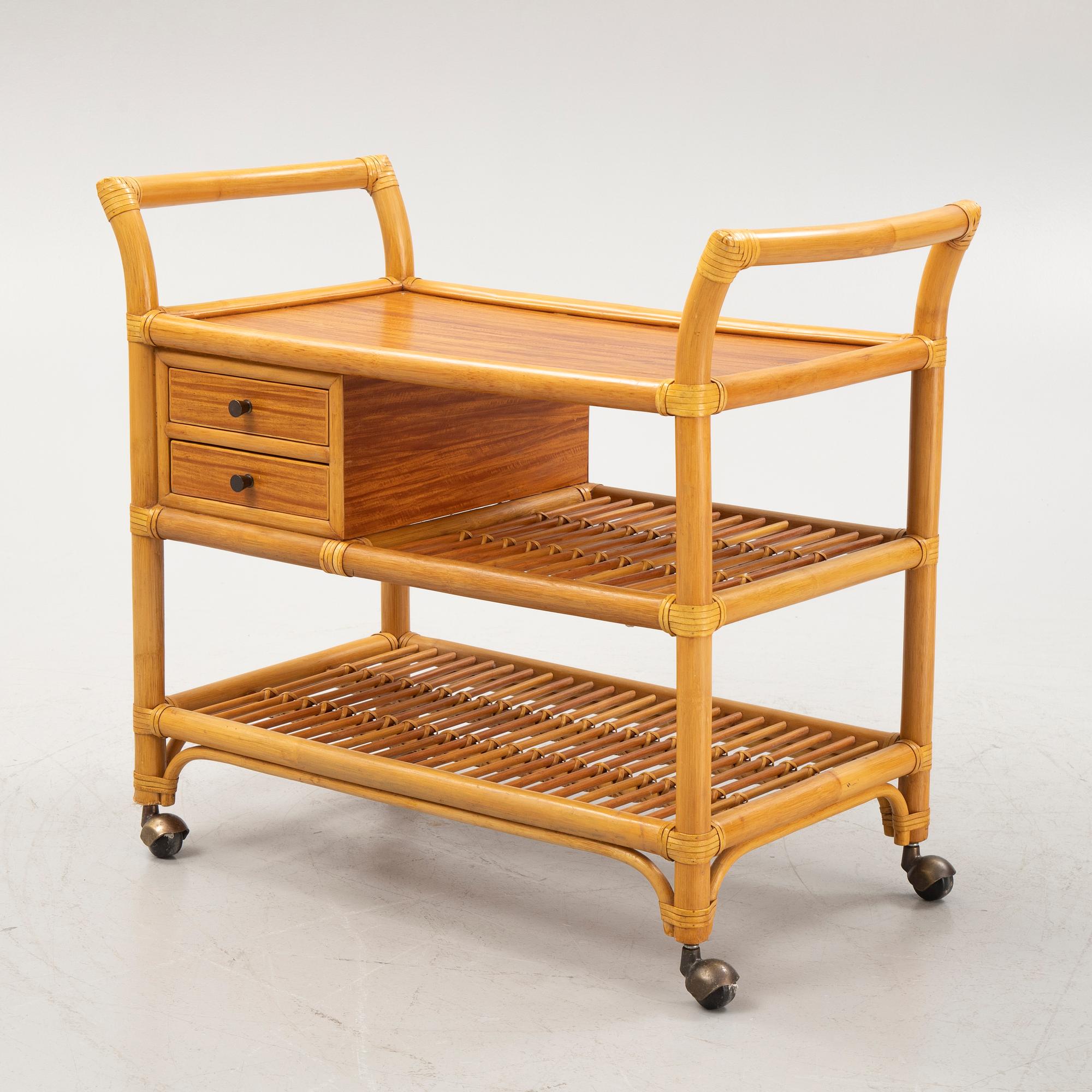 A rattan and bamboo serving trolley, second half of the 20th century.