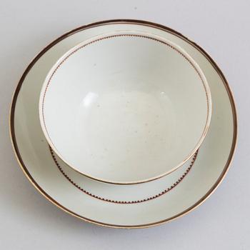 Three Chinese porcelain cups and saucers, late 18th Century.