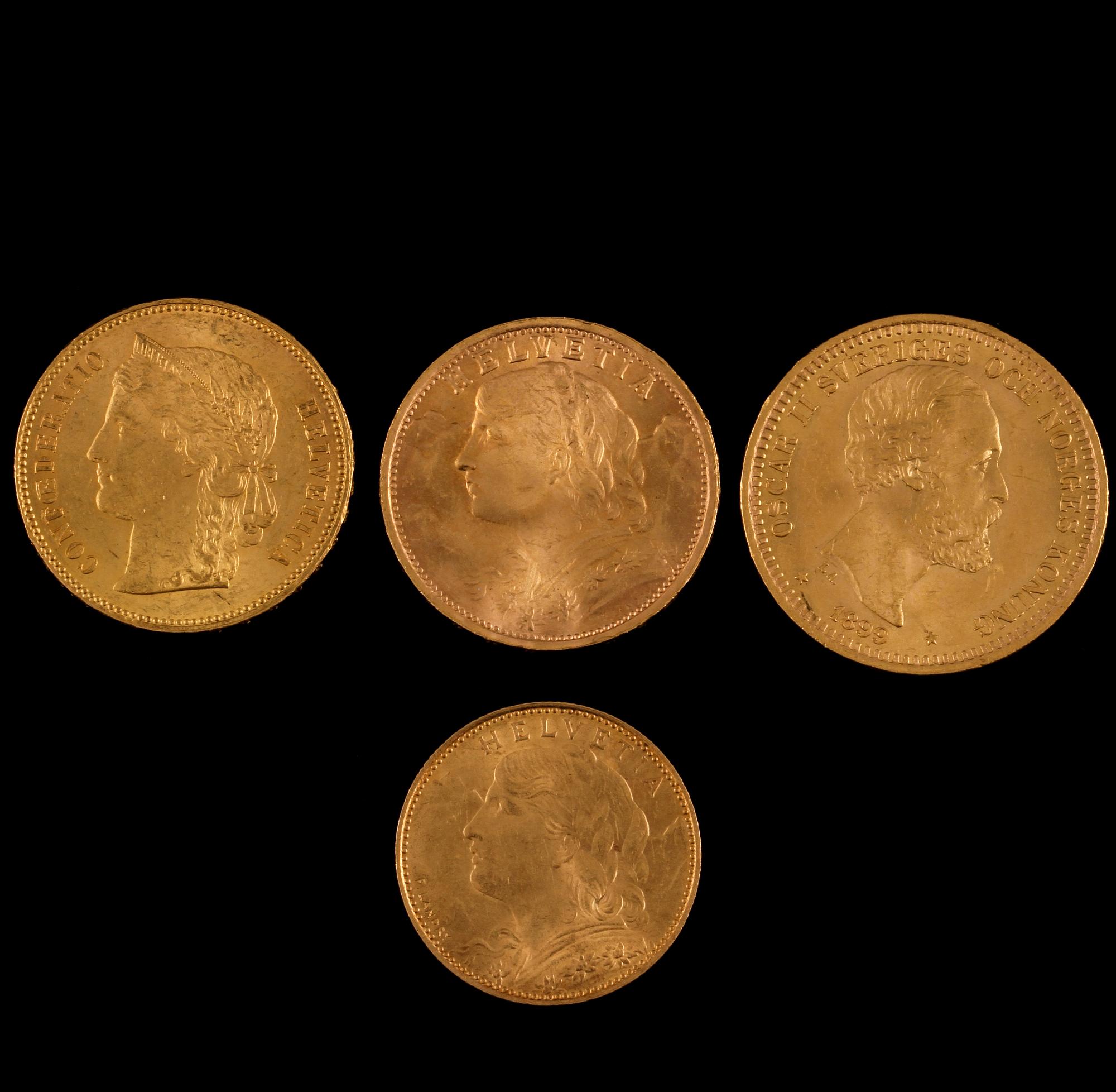 MYNT, 4 st, 18k guld, daterade 1899, 1947, 1896 samt 1922, vikt 25 g.