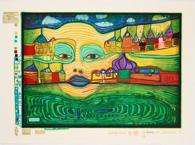 Friedensreich Hundertwasser, the complete portfolio comprising 10 silkscreens in colours with metallic imprints.