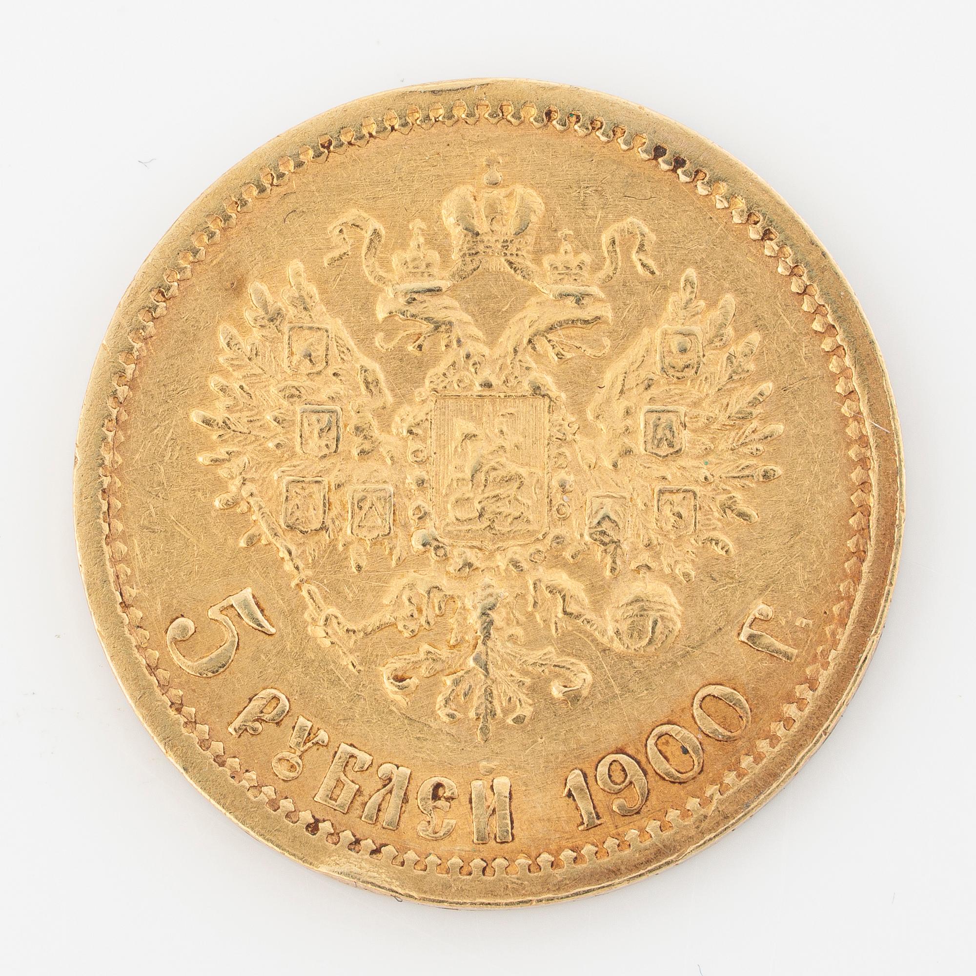 Pendant in gilded silver with two gold coins, 20 kr Oscar II 1875 and 5 rubles Nicholas II 1900.